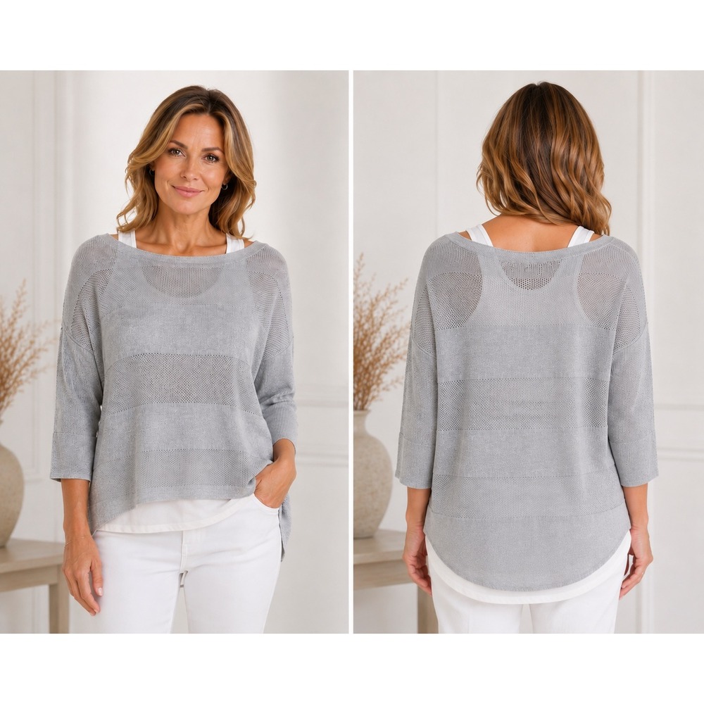 Stylus Gray Mixed Media Asymmetrical High-Low Sweater S 3/4 Sleeve Perforated